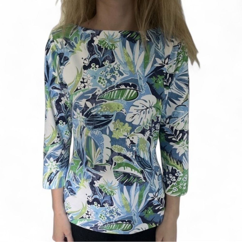 J. McLaughlin 3/4 Sleeve Boat Neck Top – Tropical Bird & Floral Print (Size XS)